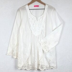 LINYI TAO Embroidered Lace Bell Sleeve Tunic Top Women's Sz XL White Cotton
